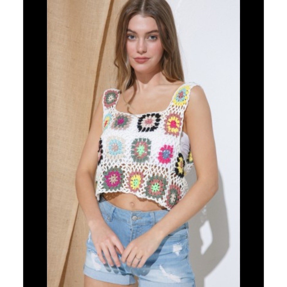 Crochet Cropped Tank Blouse Hippie Boho Style Size Small Granny Squares